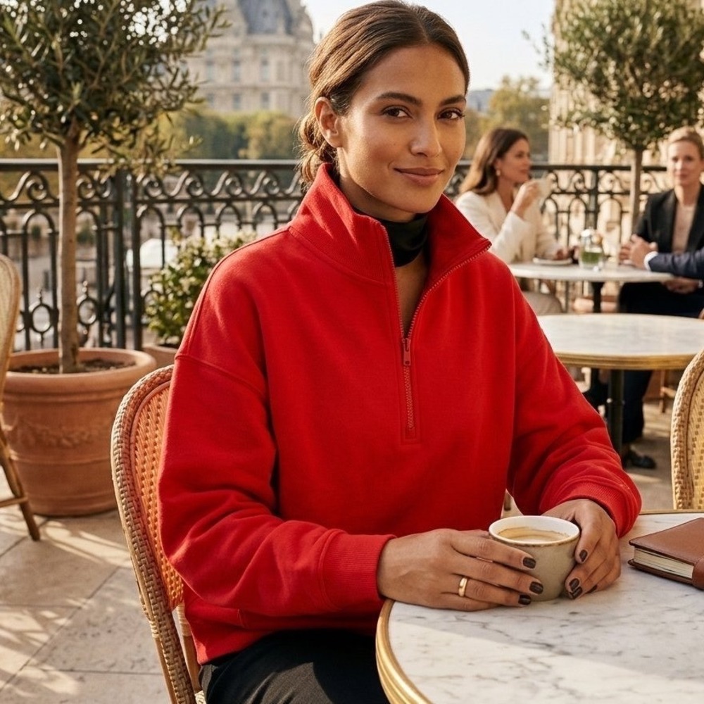 Victoria's Secret PINK Quarter Zip Sweatshirt Red Oversized Fleece Pullover M